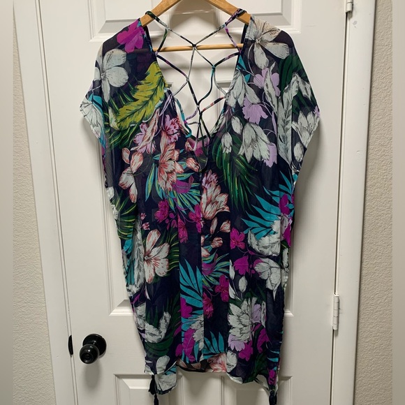 ❤B04-KONA SOL Lattice Back Kaftan swim Cover Up Dress M - Picture 2 of 5